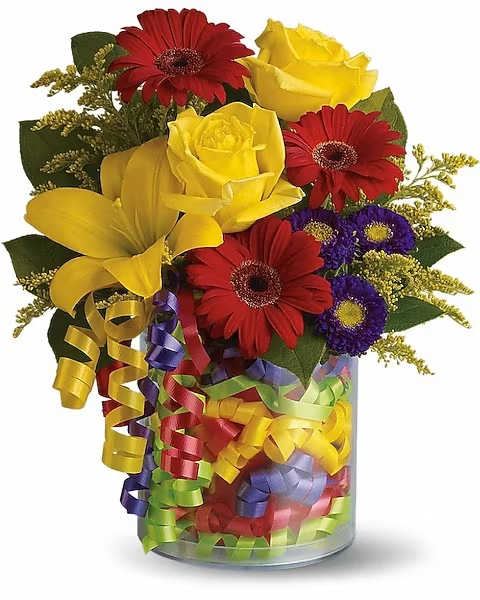 Birthday Ribbon Bouquet - Say "Happy Birthday" with flowers! Festive ribbons decorate the refillable vase of these happy red and yellow flowers, a fun birthday gift for men and women alike.