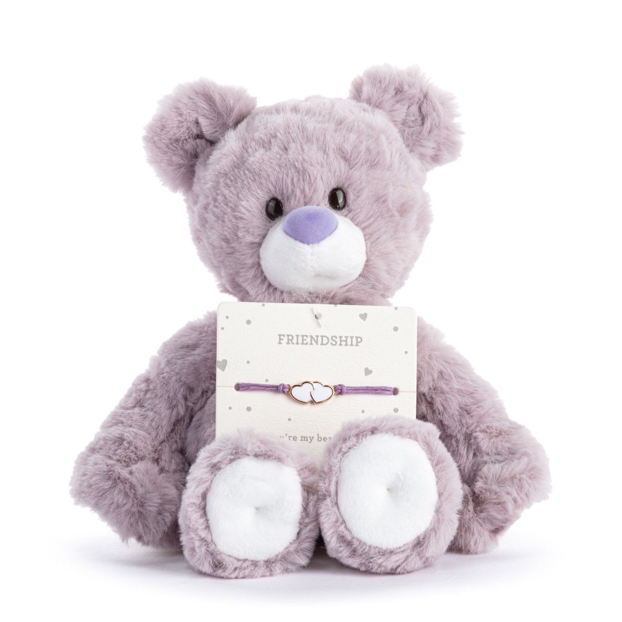 Plush- Friendship Purple Bear 8" - Bear + Bracelet A soft and cuddly lavender teddy bear. Perfect as a thoughtful gift for a friend.