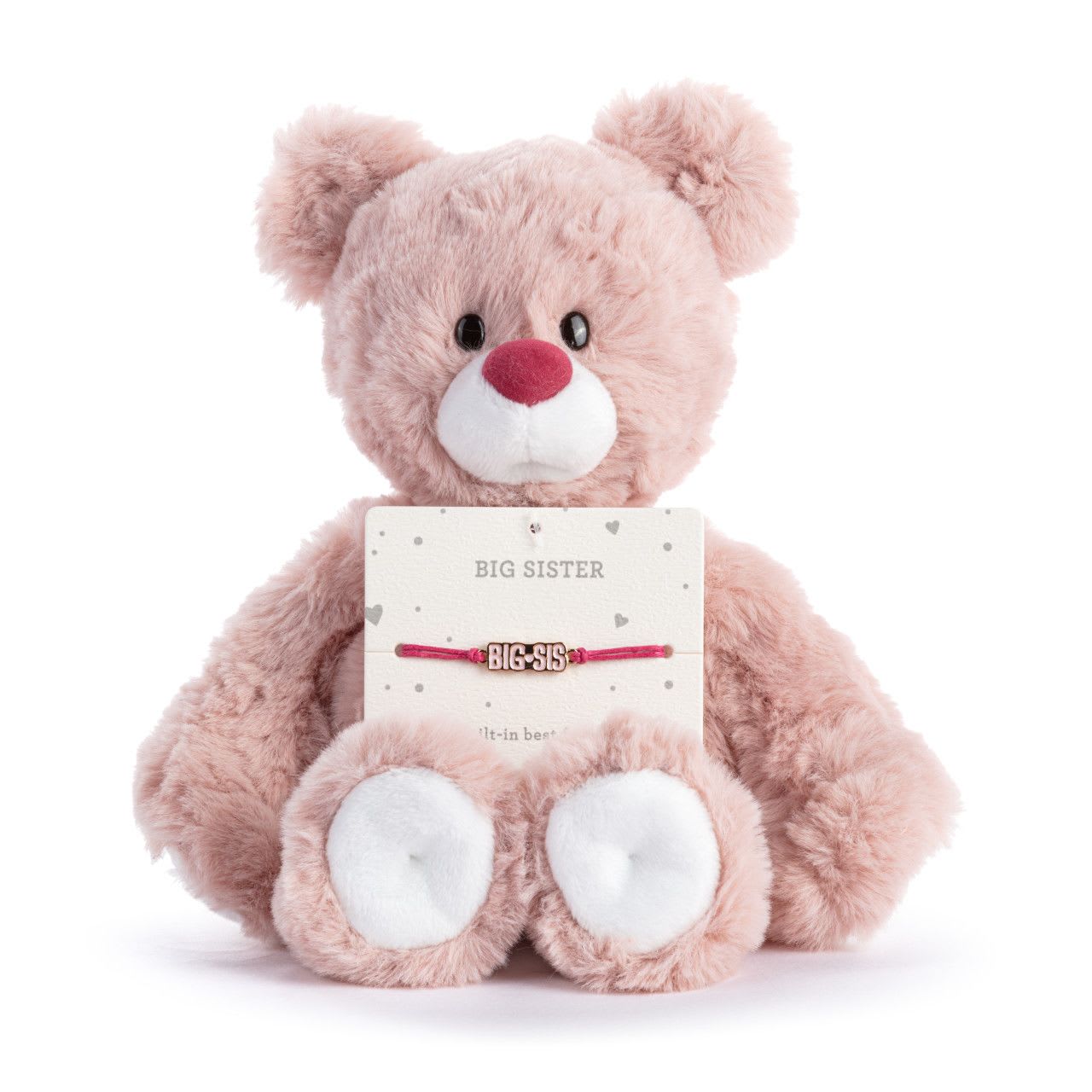 Plush- Big Sister Pink Bear 8" - Bear + Bracelet A soft blush teddy bear that's meaningful and adorable. Perfect for welcoming a new role or showing love and appreciation.