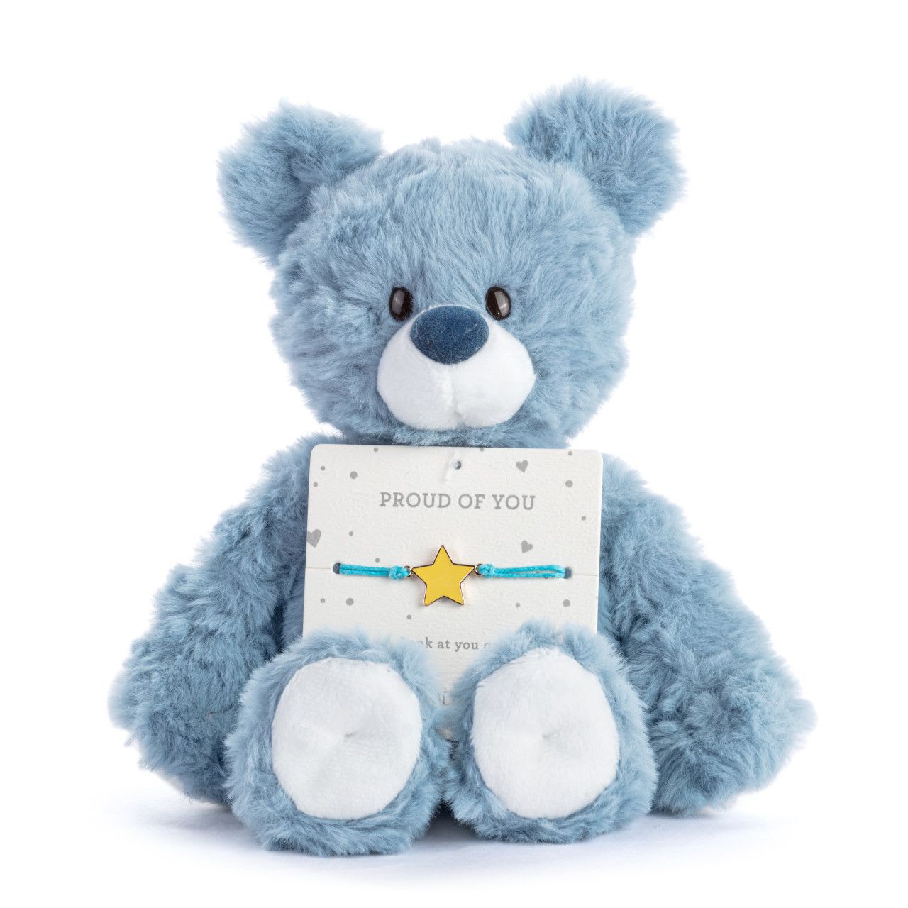 Plush- Proud of You Turquoise Bear 8" - Bear + Bracelet A cuddly blue teddy bear that can be used as a  perfect way to celebrate achievements, offer encouragement, and show someone how much they're appreciated. 