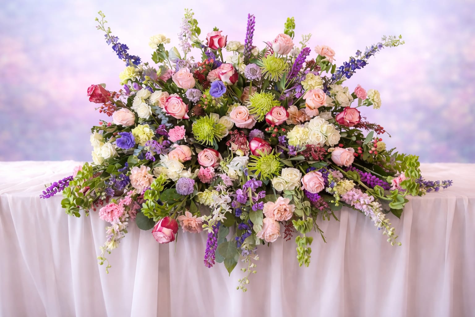 Heavenly Garden Cascade - A lush and romantic garden-style arrangement overflowing with soft blush roses, delicate lavender blooms, creamy whites, and fresh green textures. Designed in a natural cascading shape, this piece creates a sense of movement and grace, with trailing florals gently spilling over the edge. Light, airy, and full of depth, it brings a peaceful, elegant presence to any setting—perfect for memorials, celebrations of life, or refined event displays.