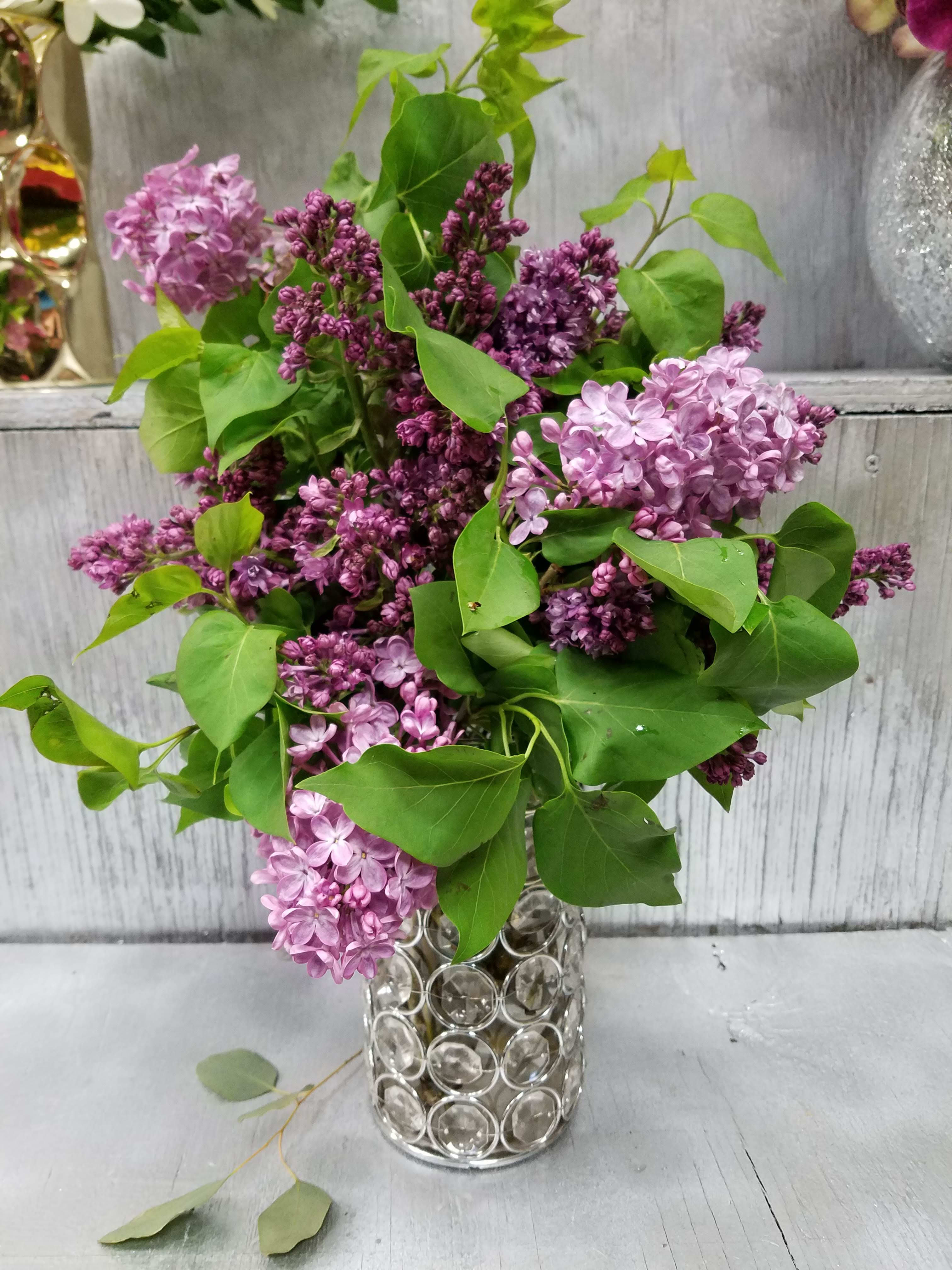 Lilac bouquet in a clear glass vase