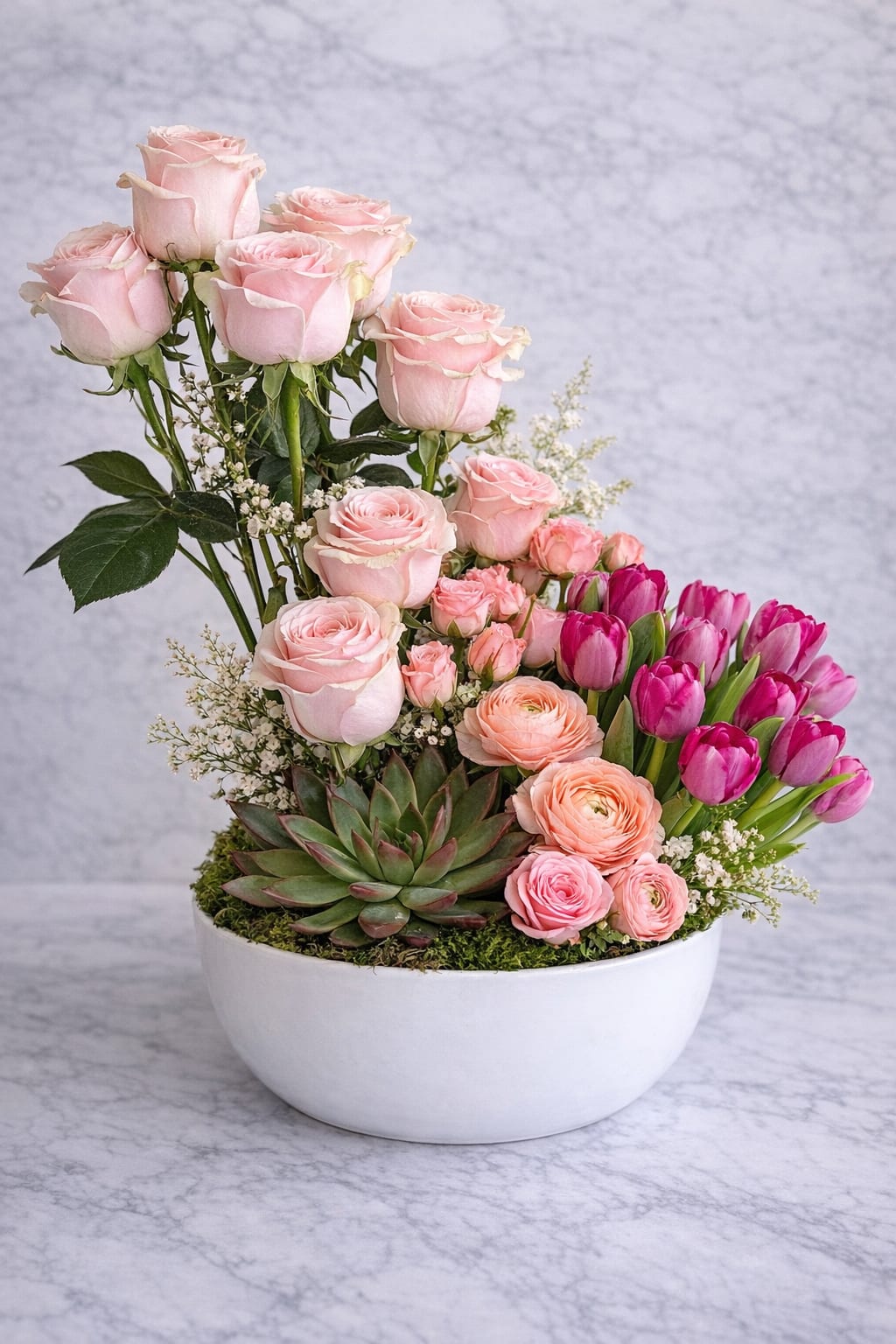 Evelina Bloom - An elevated floral design that embodies refined elegance and modern sophistication. This premium arrangement features lush blush pink roses arranged with intentional height, creating a graceful vertical presence that anchors the composition. Delicate spray roses and soft peach ranunculus are layered throughout the design, adding depth, texture, and a seamless color transition. A vibrant cluster of magenta tulips introduces a bold yet balanced contrast, enhancing the overall richness of the palette. At the base, a sculptural succulent is nestled into a bed of fresh moss, grounding the arrangement with an organic, architectural element that defines its modern garden aesthetic. Presented in a minimalist white ceramic bowl and styled against a marble backdrop, this piece delivers a clean, editorial-quality finish—perfectly suited for high-end gifting or statement décor.