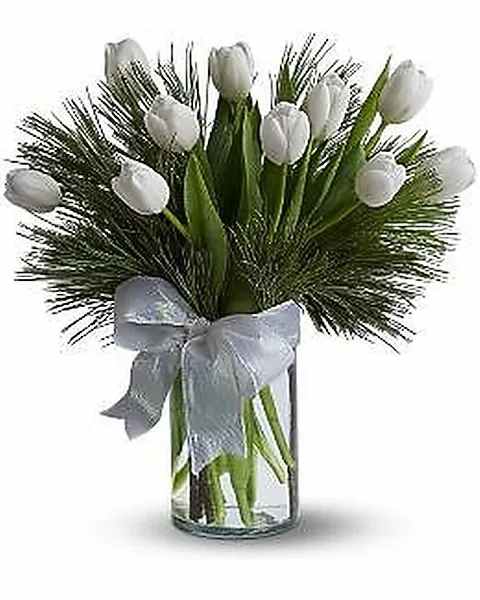 Tulips and Pine - For a wintertime bouquet that’s as pure as the driven snow, send this unexpected gift of ten white tulips, accented with aromatic white pine, and adorned with a silver ribbon. A simple pleasure for a peaceful season.