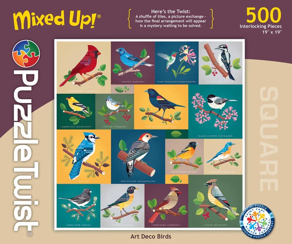 PuzzleTwist - Art Deco Birds - Here's the Twist: The puzzle ON the box is more than a bit different from the puzzle IN the box.  What happened here?  About the Artist: Illustrator Tim Chapman, an Australian artist now rooted in Minnesota, brings his bold colors and graceful geometry to Art Deco Birds. His love of nature and storytelling shines through a timeless design featuring sixteen beloved songbirds—some perched in unexpected places—sure to delight birders and puzzlers alike.