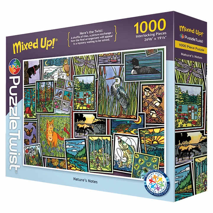 PuzzleTwist - Natures Notes - Here's the Twist: A shuffle of tiles, a picture exchange - how the final arrangement will appear is a mystery waiting to be solved.  About the Artist: In Nature’s Notes, artist Sarah Angst shares the bright, bold charm of her hand-painted lino-cuts, capturing the wildlife, wildflowers, and outdoor scenes that celebrate the beauty of nature. Her art’s simplicity and warmth invite puzzlers to reflect on their own peaceful moments in the outdoors. With its Mixed-Up Twist, Nature’s Notes may just have you slowing down to savor every quiet detail.