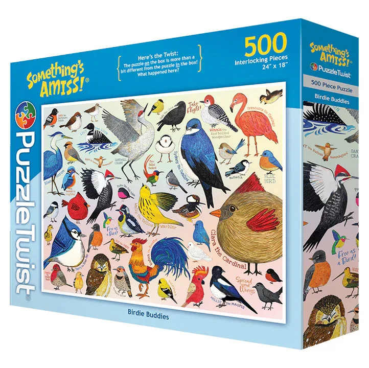 Box of a 500-piece bird puzzle with colorful bird illustrations