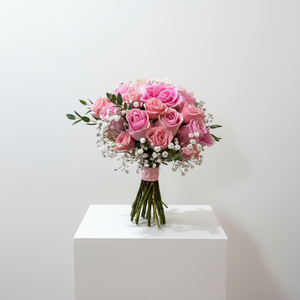 Prom- Bouquet  - Clustered pink roses in varying shades create a soft, romantic prom bouquet that feels timeless and feminine-perfect as a prom corsage alternative or a special gift for graduation night. The rounded, hand-tied shape reads classic and elegant, making the recipient feel celebrated and seen the moment they hold it.  The arrangement pairs spray roses and fuller roses with delicate white baby's breath and a few sprigs of green foliage for light texture and movement. Stems are wrapped with a pink ribbon for a polished finish; the mix of fuller blooms and airy filler keeps the bouquet feeling lush without being heavy. 