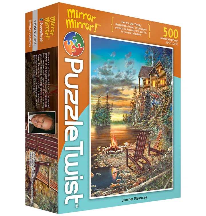 PuzzleTwist - Summer Pleasures - Here's the Twist: Deceptively simple, a flip-flopped perception.  Assemble this puzzle, to reveal a reflection.  About the Artist: Minnesota artist Jim Hansel is known for his detailed paintings of the outdoors and wildlife. His paintings have been featured in popular publications including Duck Unlimited and Pheasants Forever. Within Summer Pleasures, Jim transports us to a tranquil evening by the lake. A puzzle with a twist that will have you reflecting on summers past.