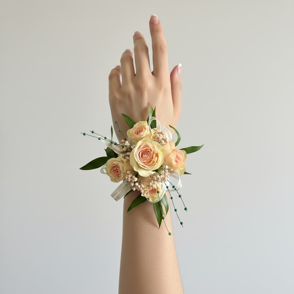 Corsage # 5 - A compact wrist corsage centered on a small cluster of peach and cream roses creates an instantly romantic, feminine accent perfect for prom, bridesmaids, or any special event. The pastel mix of pink, white and green reads soft and elegant, so the person you're gifting it to will feel poised and celebrated without overpowering their outfit.  Fine filler accents and glossy greenery add light texture and airy movement around the rose cluster, while white ribbon ties finish the piece with a delicate, formal touch. Sized to wear comfortably on the wrist, this corsage works beautifully for weddings, proms, anniversaries, or as a thoughtful touch for someone you want to make feel truly seen.