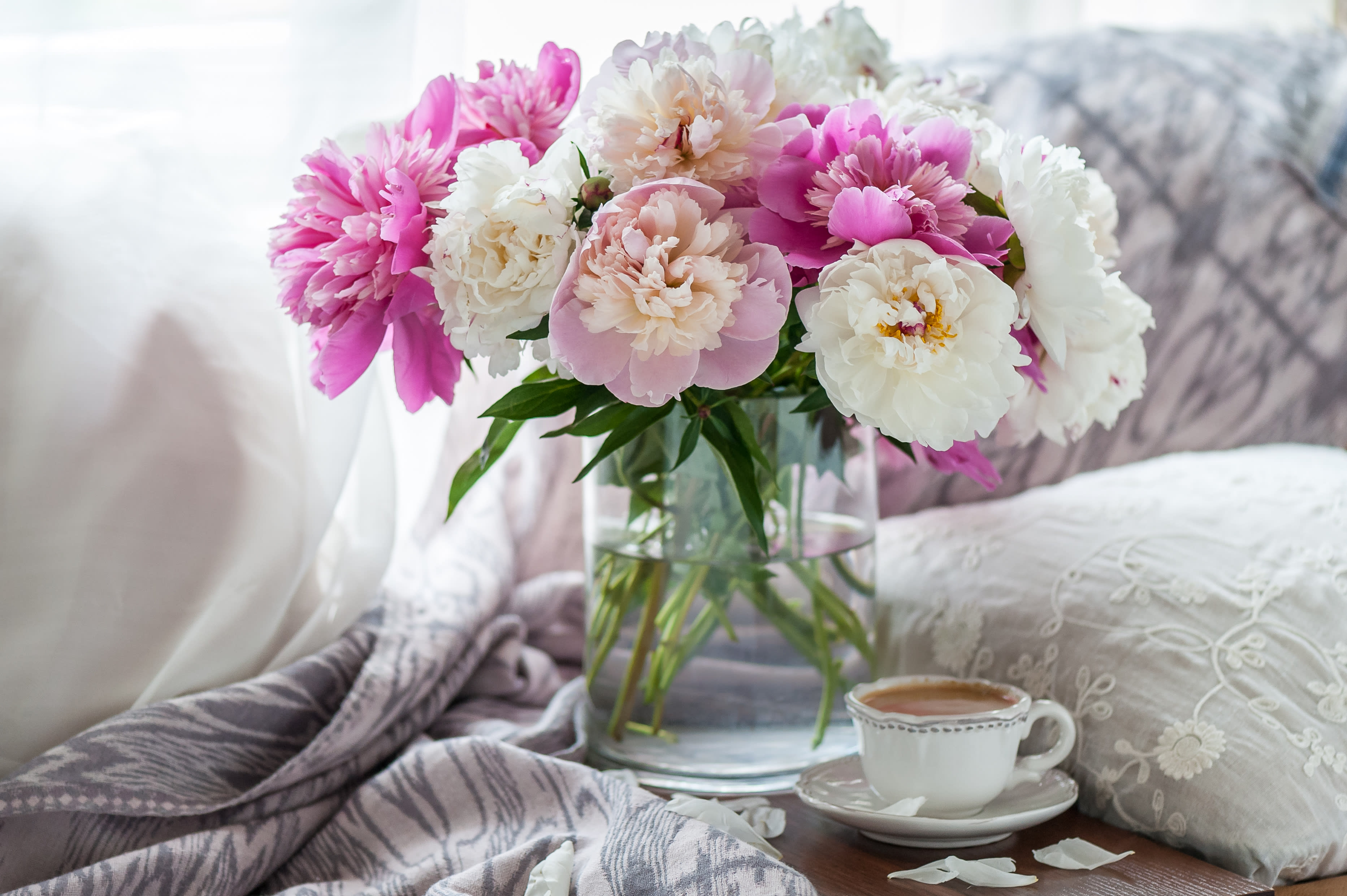 Pink and white peonies in a glass vase beside a teacup