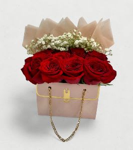 Red roses in a pink gift box with white filler flowers and a gold chain handle