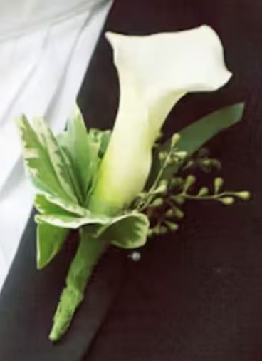White calla lily boutonniere with green accents
