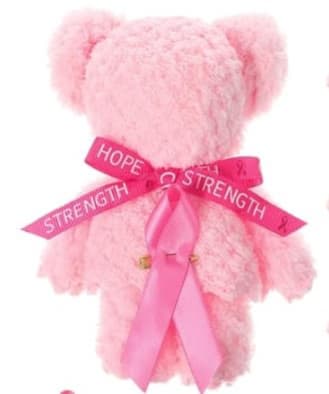 Pink teddy bear with a ribbon that says hope and strength