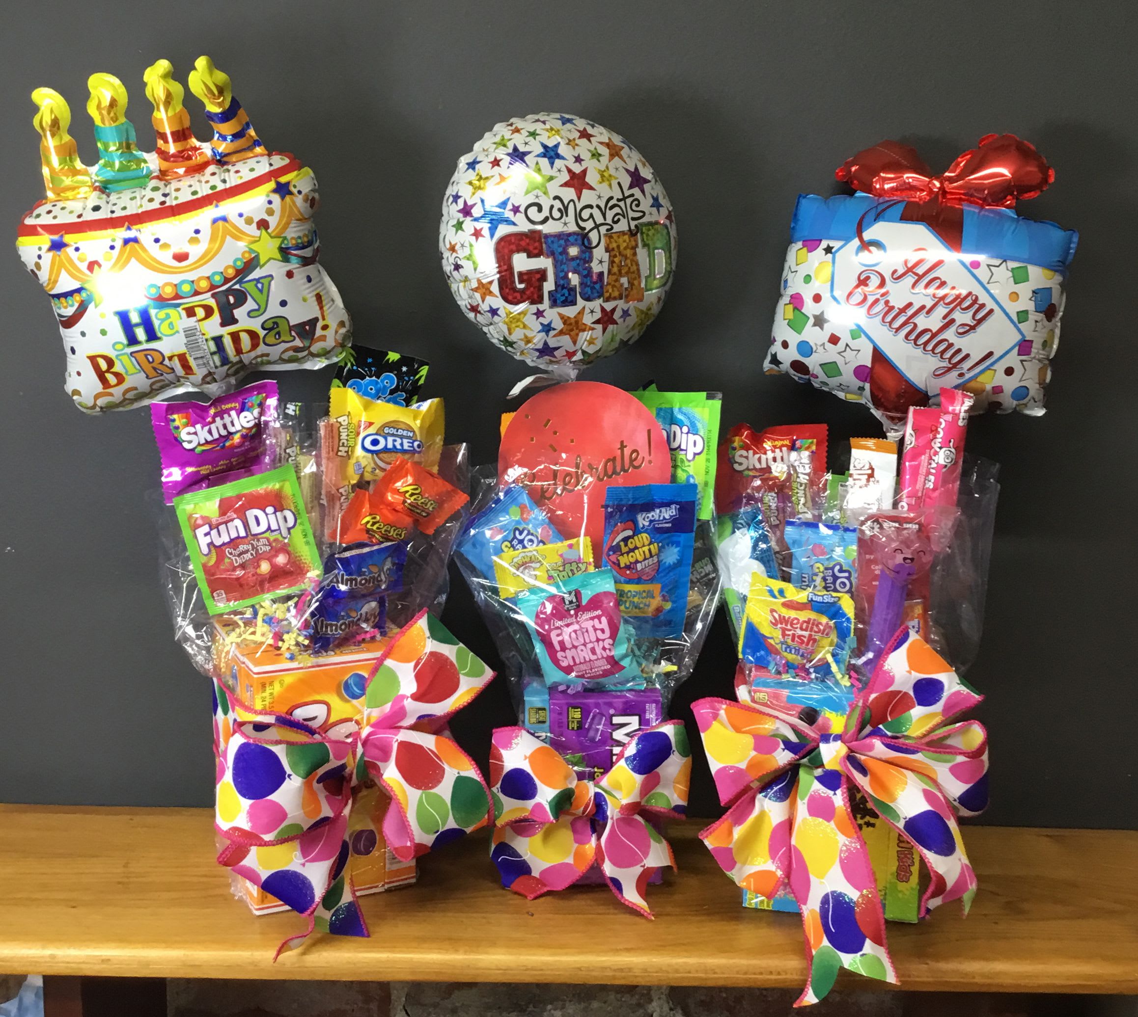 Birthday balloon and candy gift set with colorful bows
