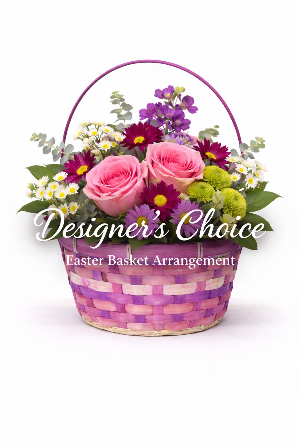 Pink roses and mixed daisies in a purple woven basket