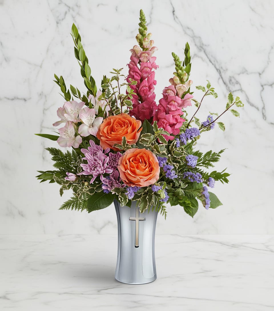 Glory's Embrace Bouquet - Honor faith and love with Glory's Embrace Bouquet, a radiant mix of graceful blooms presented in Shining Cross Vase. With its silver finish and elegant cross cutout, this timeless keepsake offers a heartfelt tribute of comfort, peace, and remembrance.