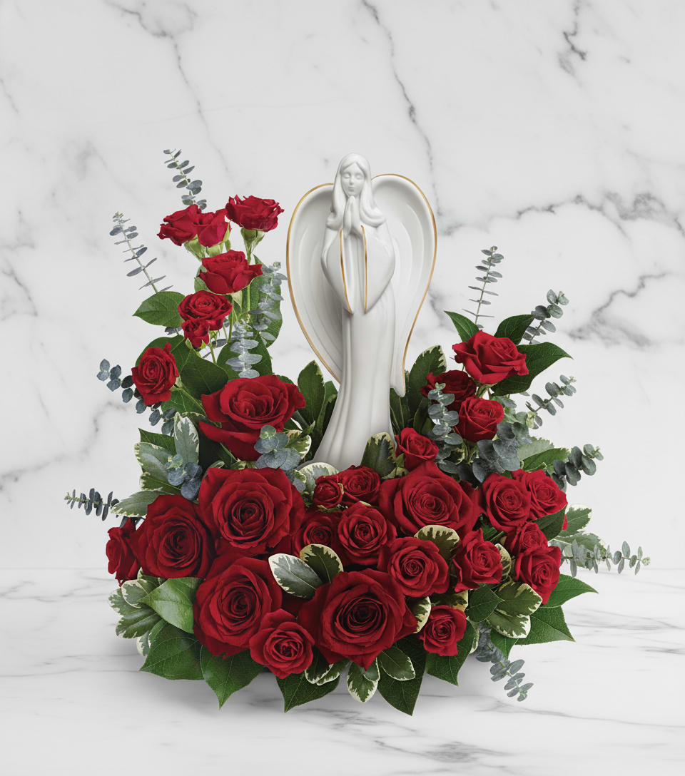 Forever Our Angel Bouquet - This peaceful porcelain angel sculpture, surrounded by radiant red roses and delicate greenery, is a touching tribute to a rich life.