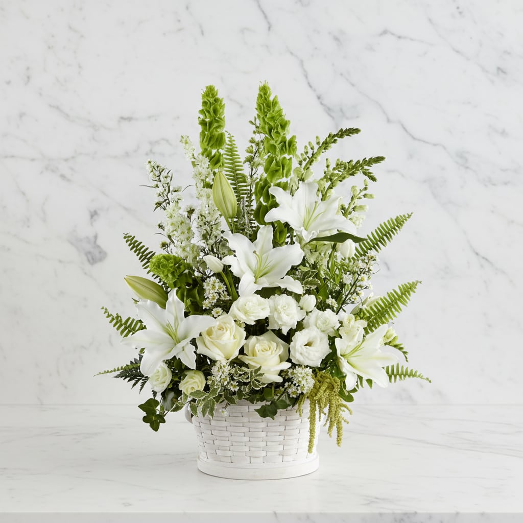 In Our Thoughts Arrangement - The In Our Thoughts Arrangement is a symbol of pure peace and caring kindness. White roses, tulips, freesia, Oriental lilies, double lisianthus, monte casino asters, and snapdragons, are beautifully offset by bright green Bells of Ireland, ivy vines, and an assortment of lush greens to create an elegant display that conveys your deepest sympathies for their loss. Arrives in a large round whitewash basket.