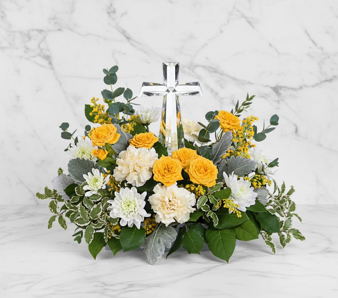 Be The Light Bouquet - Encircling a beautiful crystal cross keepsake, this sunny bouquet of roses and mums is a message of joy and hope.