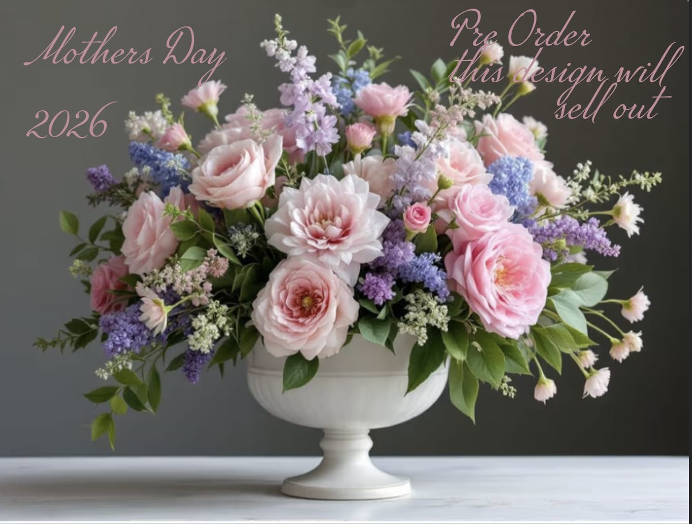 Mother's Day ZEN - This is beyond my favorite design. ZEN White Compote vase filled with light pinks a touch of lavender with sweet smelling stock and more.pre order for Mothers Day..this design will sell out.
