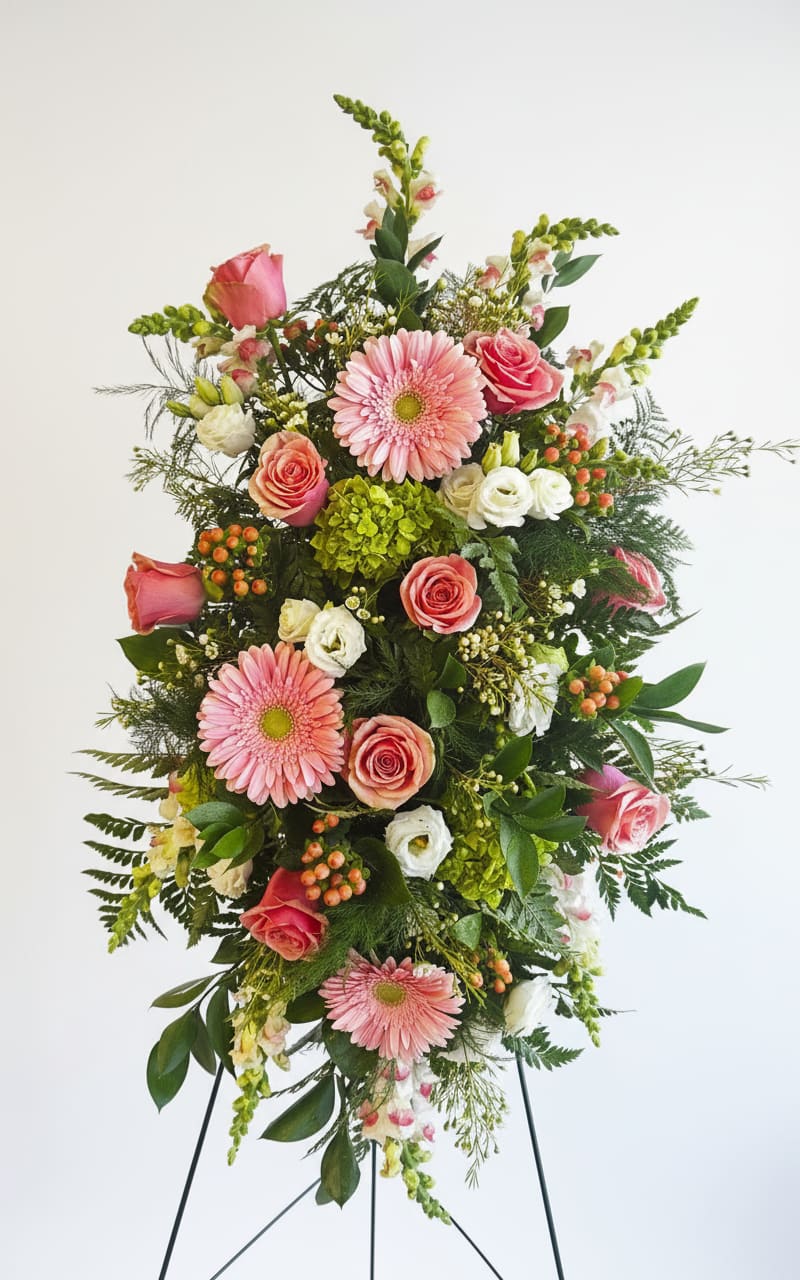 Tall standing spray of pink gerbera daisies and roses with white blooms and green accents on an easel.