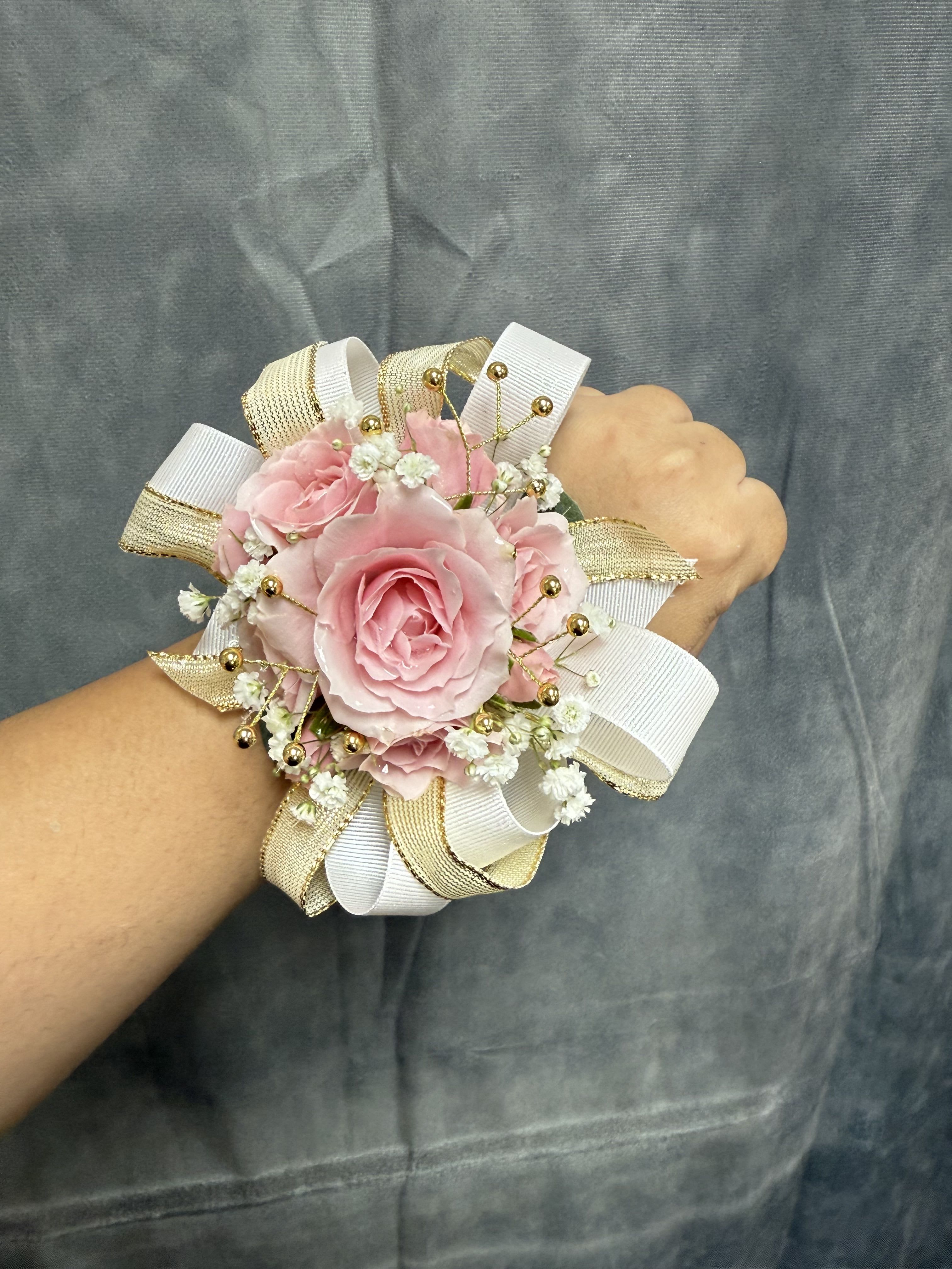 Gold White Pink spray roses corsage - Pink spray roses round corsage with white, gold ribbon and gold accents with pearl bracelet 