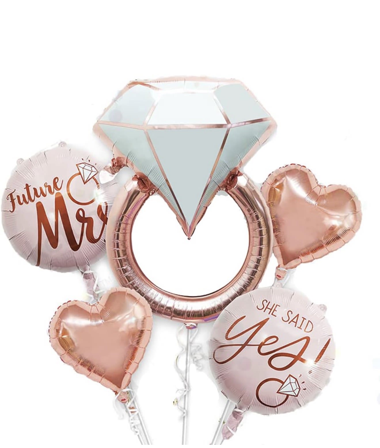 5Pcs Mylar Balloon Bridal Shower Set - Package Includes: 1 Pcs 30 inch Diamond Ring Balloon, 1pcs 22 inch "she said yes" foil balloon, 1pcs 22 inch "future mrs" foil balloon, and 2pcs 18 inch rose gold heart balloons.