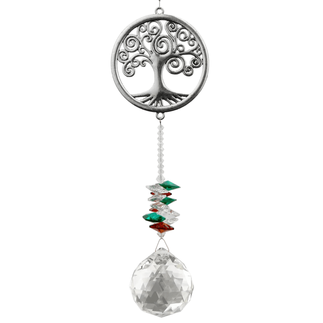 Hanging tree of life metal ornament with colored beads and clear faceted crystal ball