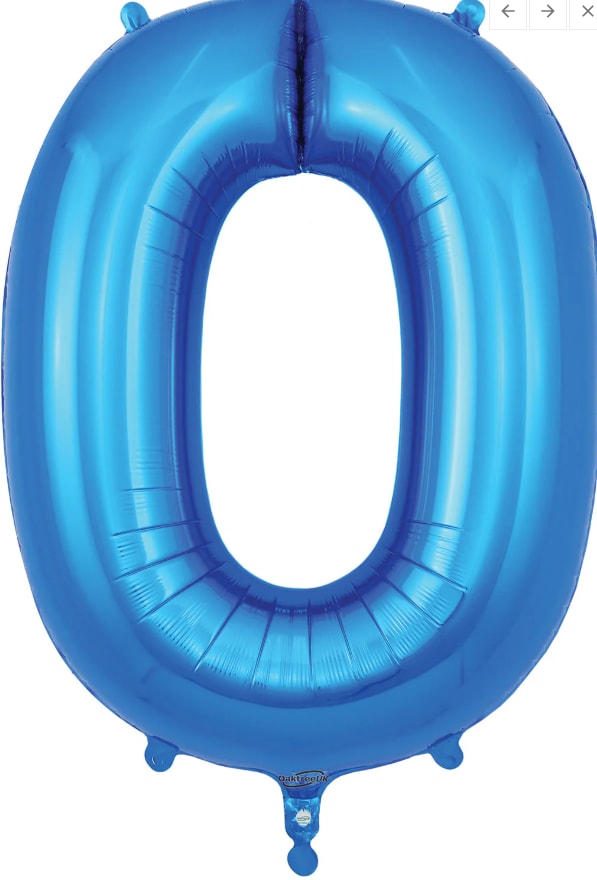 Blue foil balloon shaped like the number 0