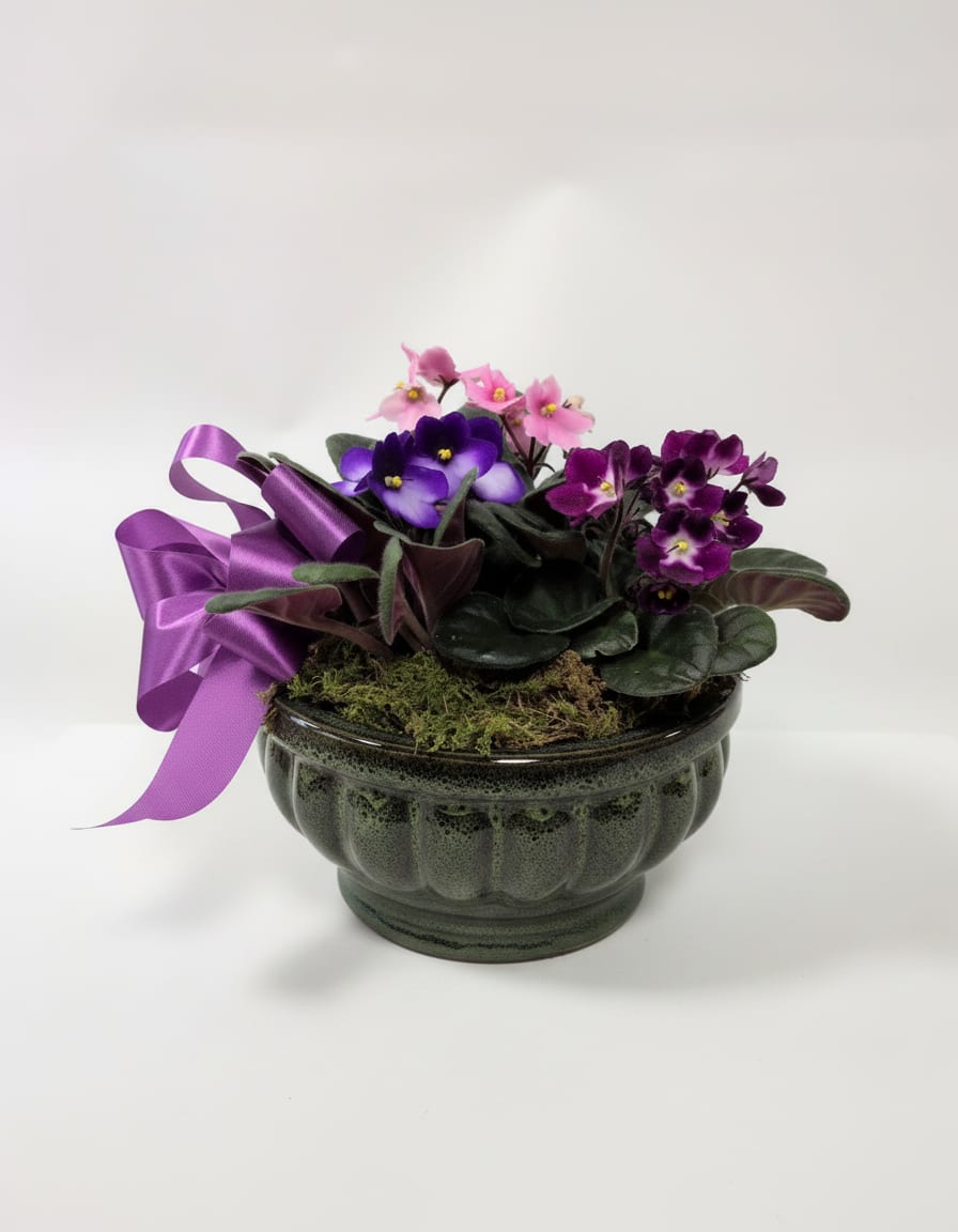 Blooming Violets - A beautiful 8" ceramic pot, filled with blooming African Violets. 