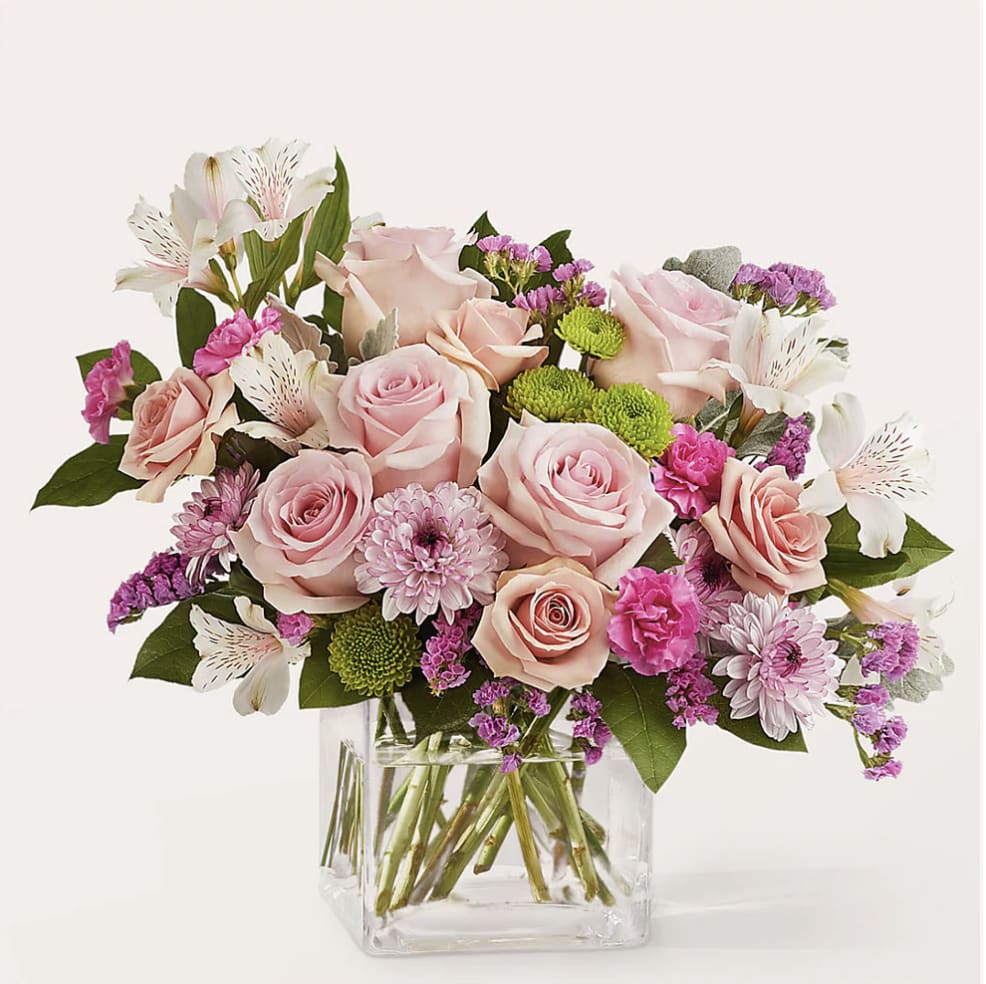 PINK GARDEN SQUARE - CUBE VASE OVERFLOWING WITH SPRAY OSE, CHRYSANTHEMUM, PINK ROSE AND MORE