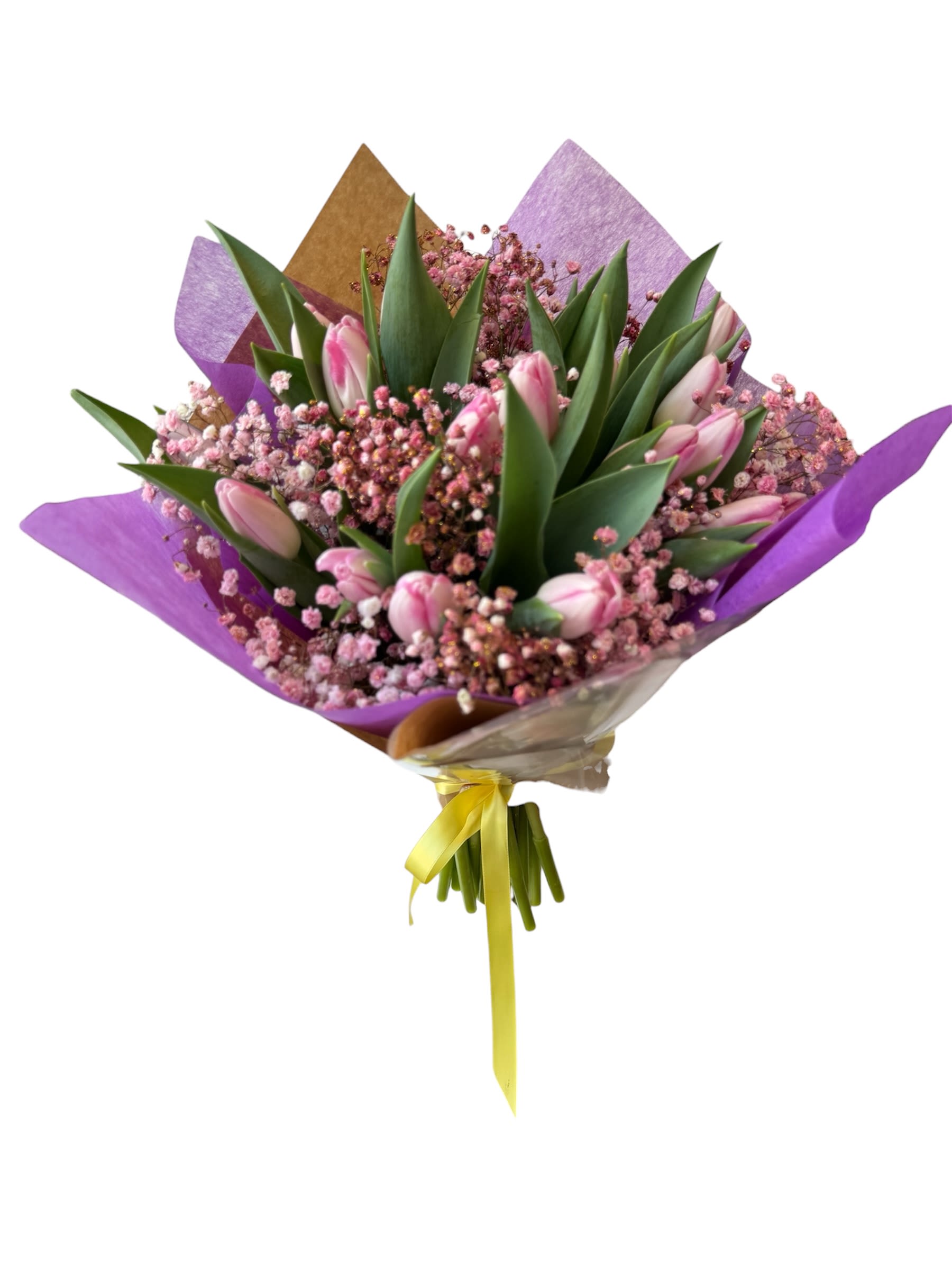 Pink Tulip Bouquet - Pink tulips and baby's breath wrapped bouquet. No Vase