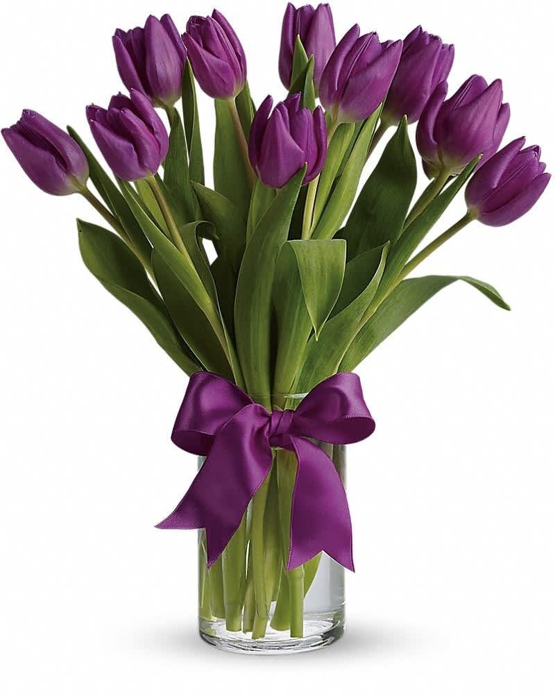 Vase of purple tulips with a matching purple satin bow around a clear glass cylinder.