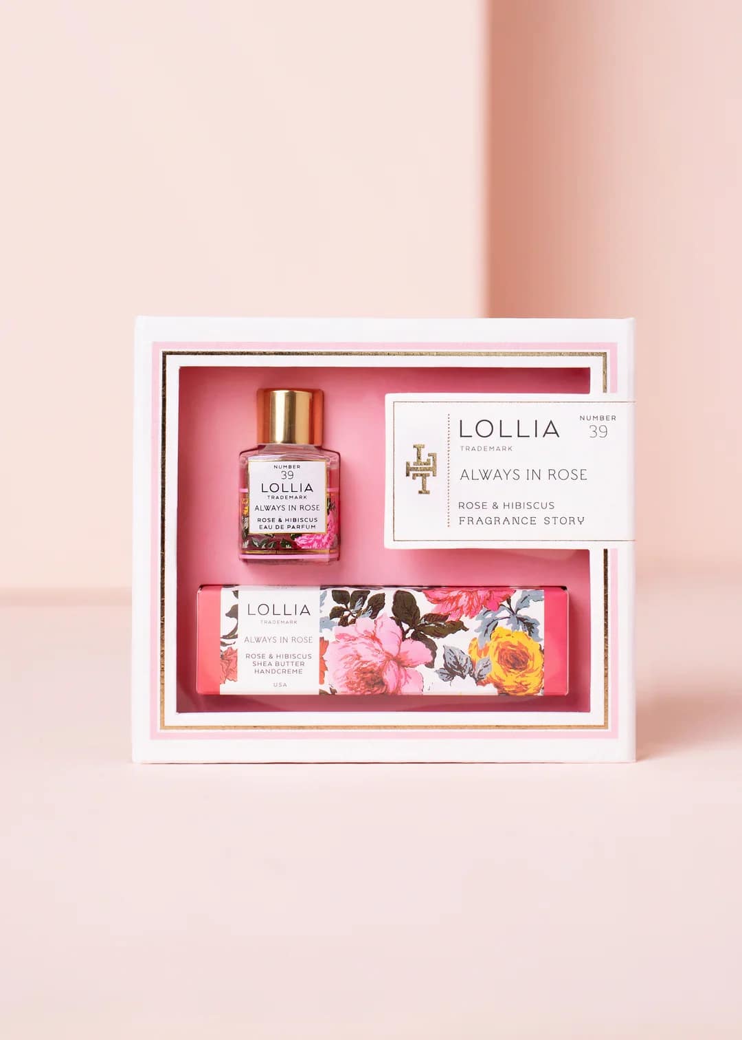 Rose-themed fragrance and hand cream gift set in a pink box