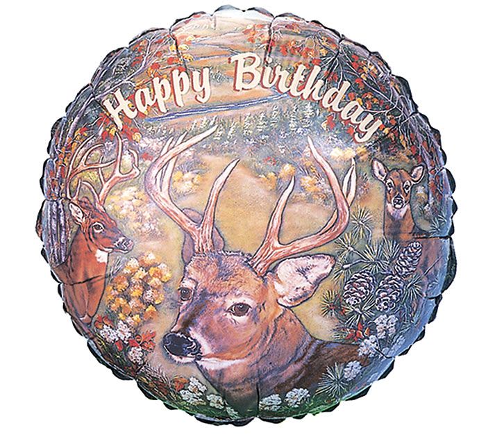Round birthday balloon with deer illustration and forest scene