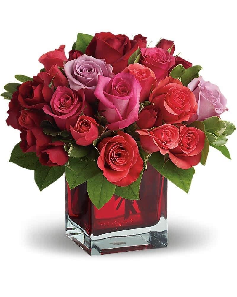 Compact bouquet of red, pink, and lavender roses in a red glass cube vase