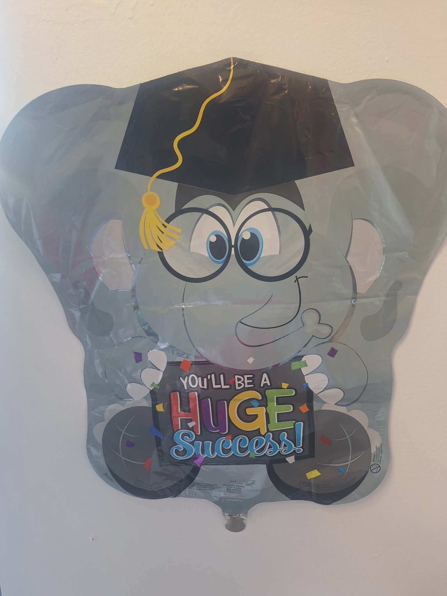 Graduation-themed balloon with a cartoon face and "You'll be a huge success" text