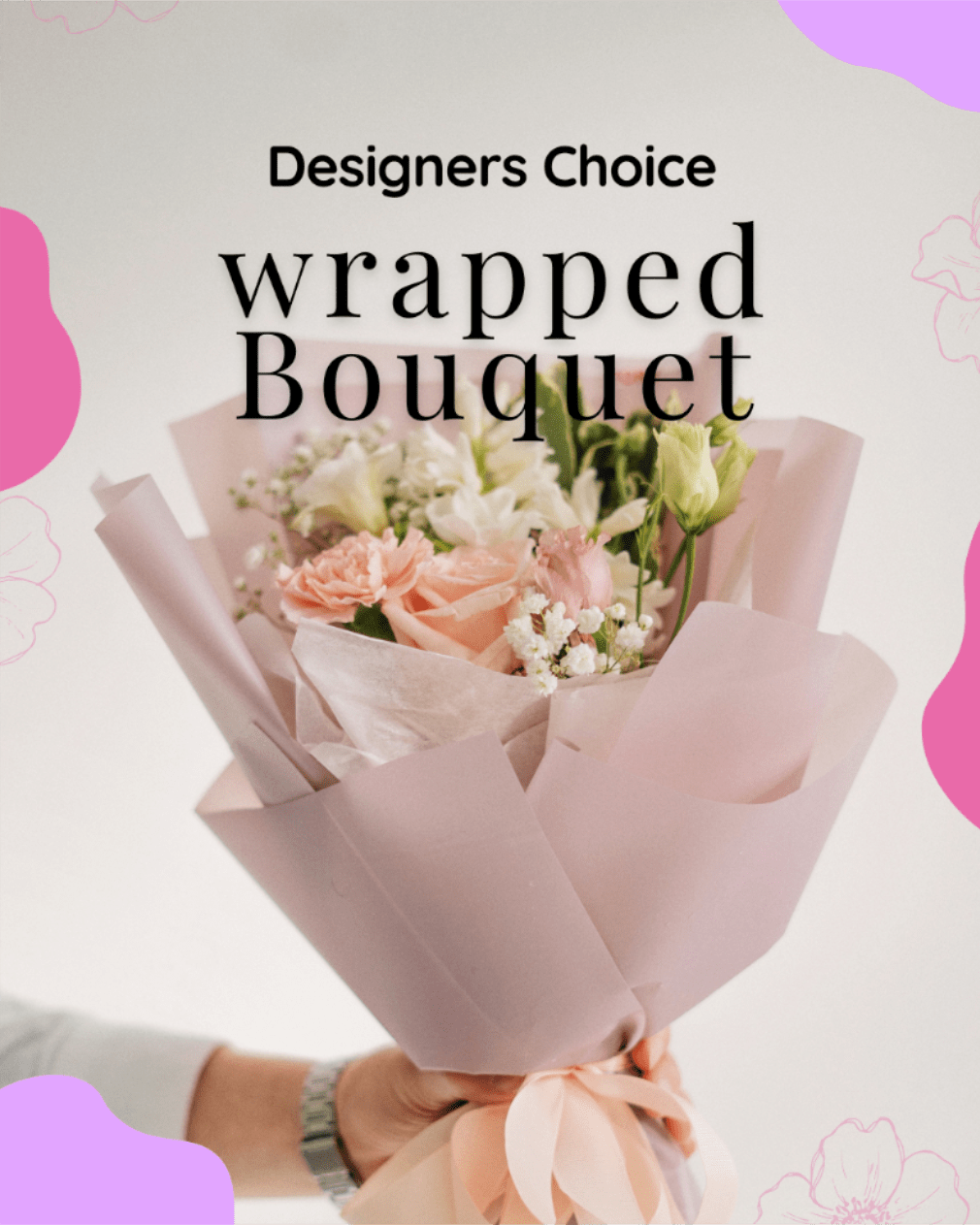 Designers Wrap Bouquet  - This is a designer’s choice wrapped bouquet, thoughtfully arranged with a fresh selection of seasonal blooms. Please let us know what colors you’d like, and we’ll create a beautiful, one-of-a-kind bouquet just for you.   *Please note: this arrangement does not include a vase.* 
