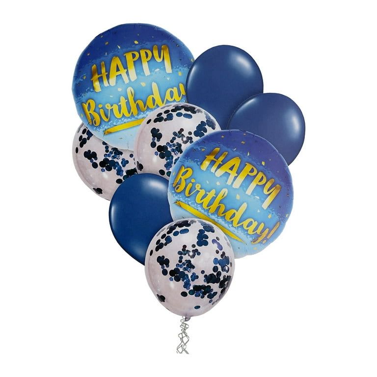 Blue Happy Birthday Balloon Bouquet - Bouquet Includes: 2pcs Blue Mylar "Happy Birthday" Balloon, 3pcs Blue Confetti Latex Balloon, 3pcs Blue Latex Balloon, and weight. HELIUM FILLED.  