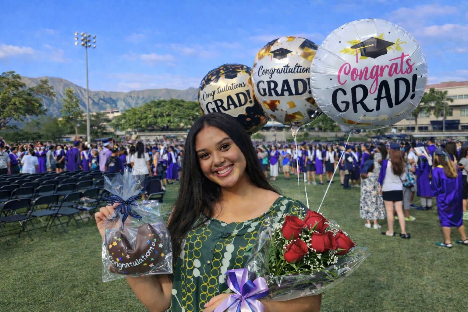 CLASS Of 2026 Special Package (1/2 DZ ROSE ARM BOUQUET ) - We honor the Class of 2026 with a special package that allows everyone to honor their special graduate!  You can pick up, or we can deliver directly to the graduate on your behalf!!!  Consists of a half dozen long stem roses arm bouquet (Color will vary),  famous Chocolate Covered fortune cookie and a Balloon bouquet of 3 Graduation Mylar Balloons!! (Water vial included on each rose)