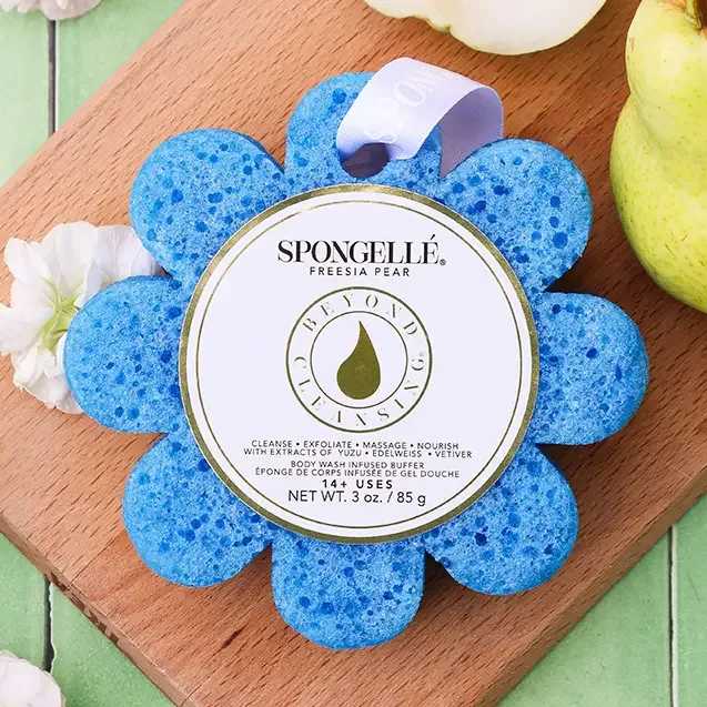 Freesia Pear Wild Flower Soap Sponge - Bring moisture and rejuvenation to your skin with the scents of Wild Flowers. Each Wild Flower is infused with a time-released creamy lather that guarantees you at least 14 washes that each leave your skin feeling soft.