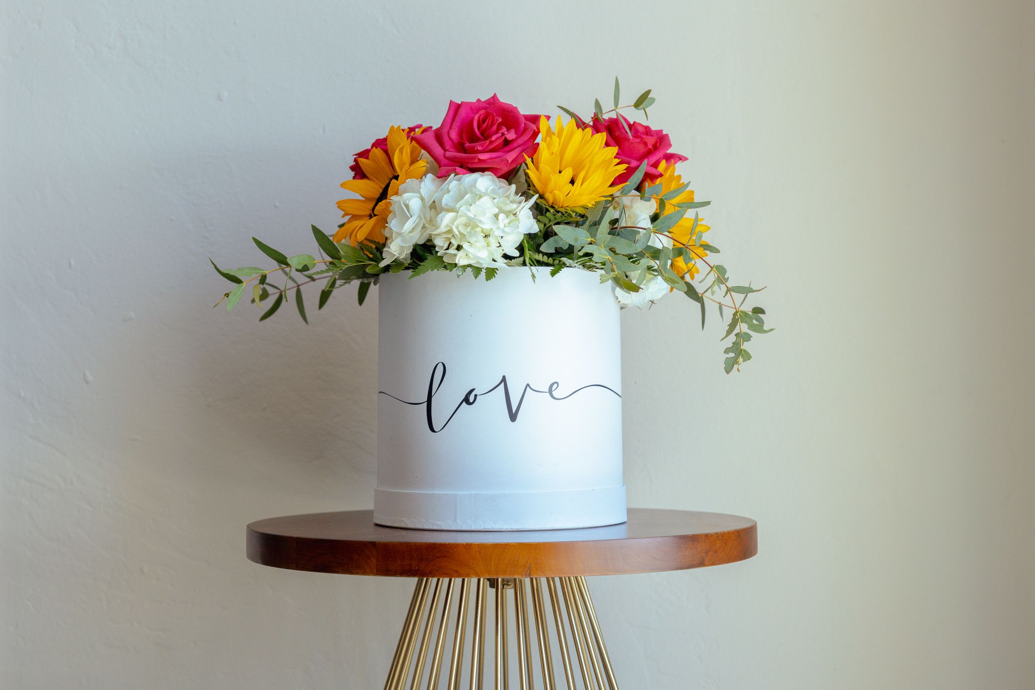 Round box arrangement with pink roses, yellow daisies, and white hydrangeas