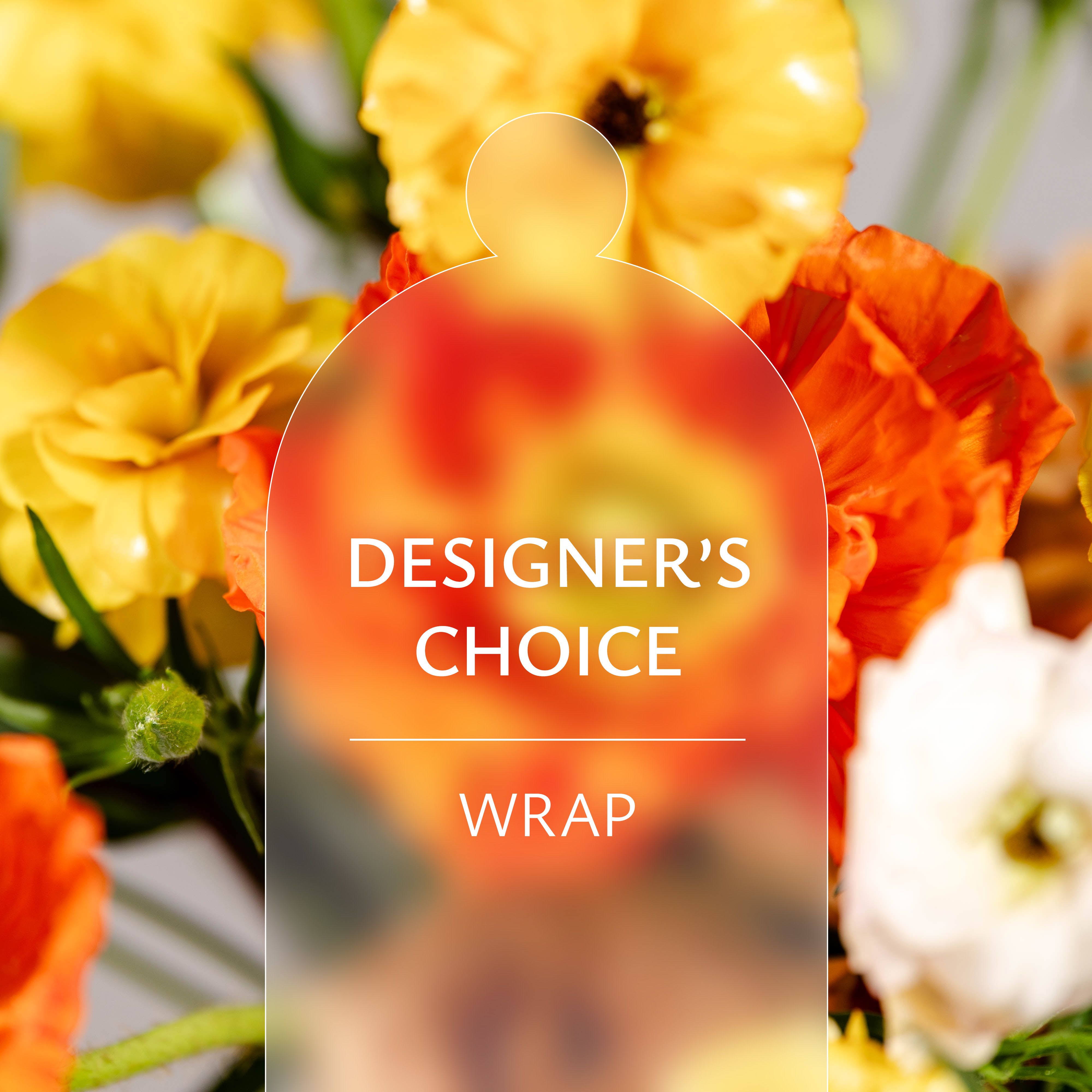 Blurred yellow, orange, and white flowers behind a designer's choice wrap tag