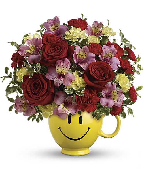 So Happy You're Mine Bouquet  - Smiles delivered daily! This cheerful mix of red roses, pink alstroemeria, mini red and yellow carnations, and pitta negra is hand-delivered in an exclusive Be Happy® Mug. It's the perfect way to share love on a special day-or any day! *ARRANGEMENT IS A SMALL TO MEDIUM SIZE*