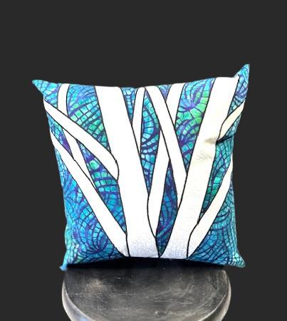 "Blue-Green Birches" Pillow - Bold blue and teal brushstrokes meet crisp white bands in this square decorative pillow-an eye-catching accent that reads like a modern floral arrangement for the living room. As a statement pillow for casual or contemporary interiors, the Blue-Green Birches pillow brings the cool calm of blue and green foliage plus playful purple highlights, the kind of piece that makes the person you're gifting it to feel seen and stylish.  The design is an abstract, mosaic-like pattern with sweeping white arcs layered over a high-contrast field of blue, teal, purple, and white. Soft and plush to the touch, it dresses a sofa, bed, or reading nook with graphic texture and vibrant color without overwhelming a room. Pair it with solid navy or pale gray linens to let the pattern pop.  Perfect for a housewarming, birthday, or "thinking of you" gift when the recipient favors modern, artistic decor. Available as a standard square pillow-ideal for mixing into an existing cushion group-and simple to care for with spot cleaning to preserve the crisp palette and plush feel.