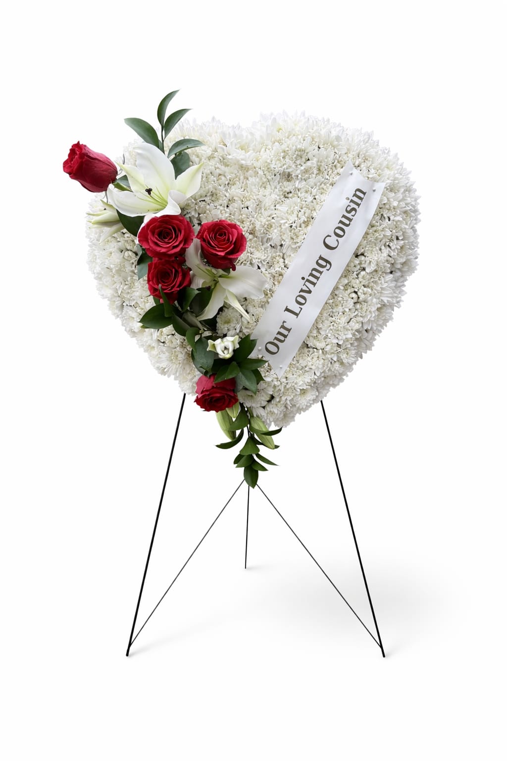 Lulas Salute to a Patriot™ Standing Heart - The FTD® Salute to a Patriot™ Standing Heart is the perfect tribute to a fallen marine. A pearly white heart consisting of chrysanthemums is accented with an arrangement of red roses, white Asiatic lilies and lush greens, as well as a white banner that reads, "Semper Fidelis USMC", to create an incredible presentation at their final memorial service. Displayed on a wire easel. Approximately 24"H x 24"W. Your purchase includes a complimentary personalized gift message.