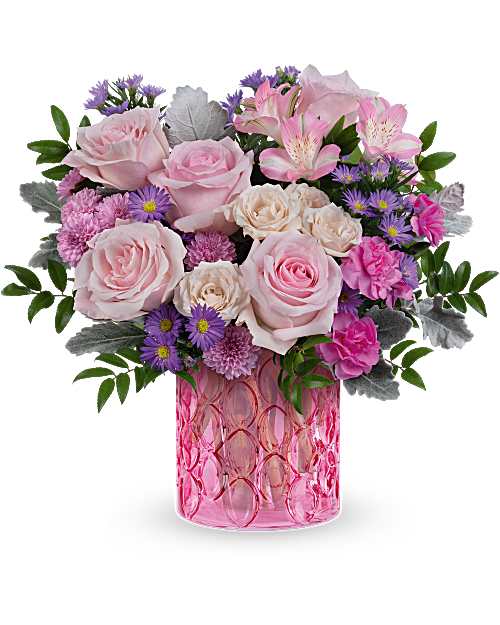 Haute Pink Bouquet - Pink Cylinder with Roses, alstroemeria, mini carnation, aster in pinks &amp; lavender