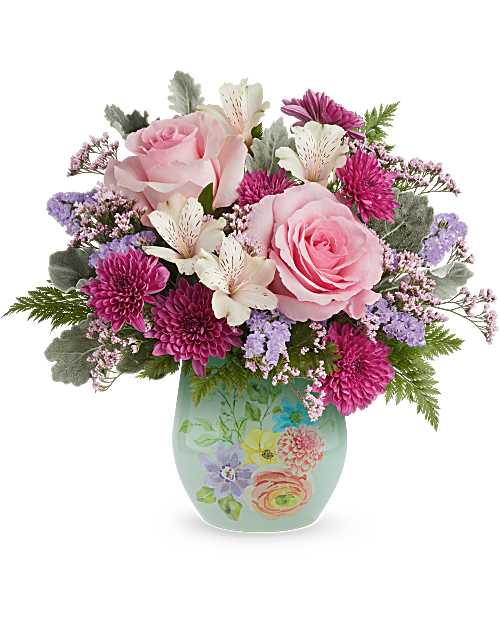 Dream in Bloom Bouquet - Garden Vase with Rose, alstroemeria, mum in pinks, purple &amp; White
