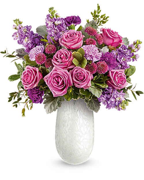 Amelia Bouquet - Keepsake Vase with roses, carnation, stock, mums in purple shades